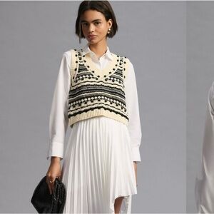 Pilcro By Anthropologie V Neck Cropped Vest Black &‎ Cream Womens XS Boho Preppy